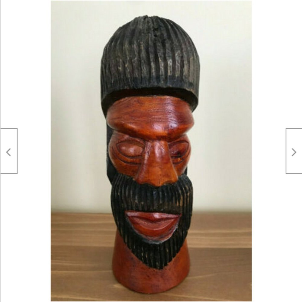 Hand Carved Wood African Bearded Face Statue Figurine 7" Tall Decoration